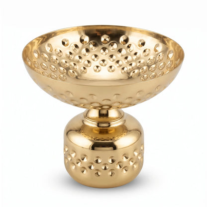 Gold-Toned Metal Decorative Bowl Small – 16 x 18 x 18 cm | Pedestal Base | Embossed Floral Pattern | Reflective Finish