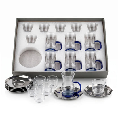 18-Piece Glass Tea & Coffee Set with Stainless Steel Saucers, Clear Cups, Dark Blue Accents & Serving Tray