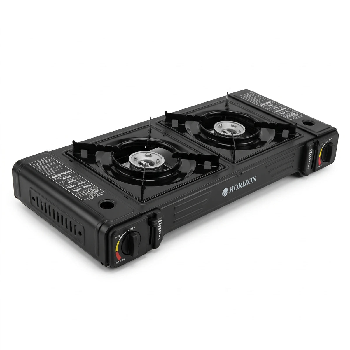 HORIZON Double-Burner Black Butane Gas Stove – Portable Camping Cooker | Two Burners | Separate Controls | 11 x 28 x 64 cm