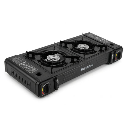 HORIZON Double-Burner Black Butane Gas Stove – Portable Camping Cooker | Two Burners | Separate Controls | 11 x 28 x 64 cm