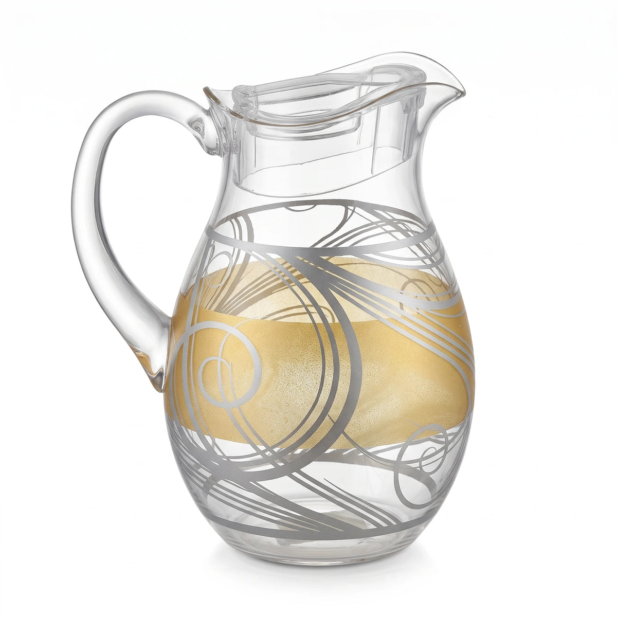 Acrylic Pitcher with Lid 2.5 Liters – Clear Jug with Gold & Silver Decorative Pattern, Large Handle and Pouring Spout for Water and Juice Serving