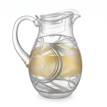 Acrylic Pitcher with Lid 2.5 Liters – Clear Jug with Gold & Silver Decorative Pattern, Large Handle and Pouring Spout for Water and Juice Serving