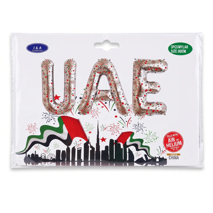 UAE National Day Balloon Set – 3PCS 80CM Mylar Foil Letter Balloons | Silver UAE Design in Red, Green, Black & White for Air or Helium