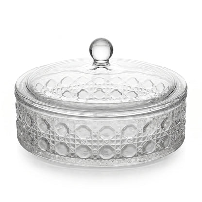 AML Glass Candy Pot – 25.5 CM Covered Glass Dish with Clear Dome Lid and Decorative Geometric Pattern