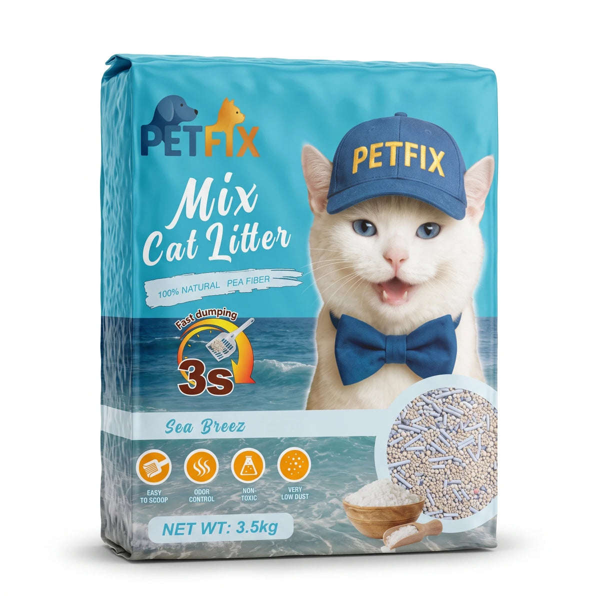 PETEX Cat Litter Sea Breeze 3.5kg – 100% Natural Pea Fiber, Fast Clumping, Odor Control, Very Low Dust, Non-Toxic Easy-Scoop Litter