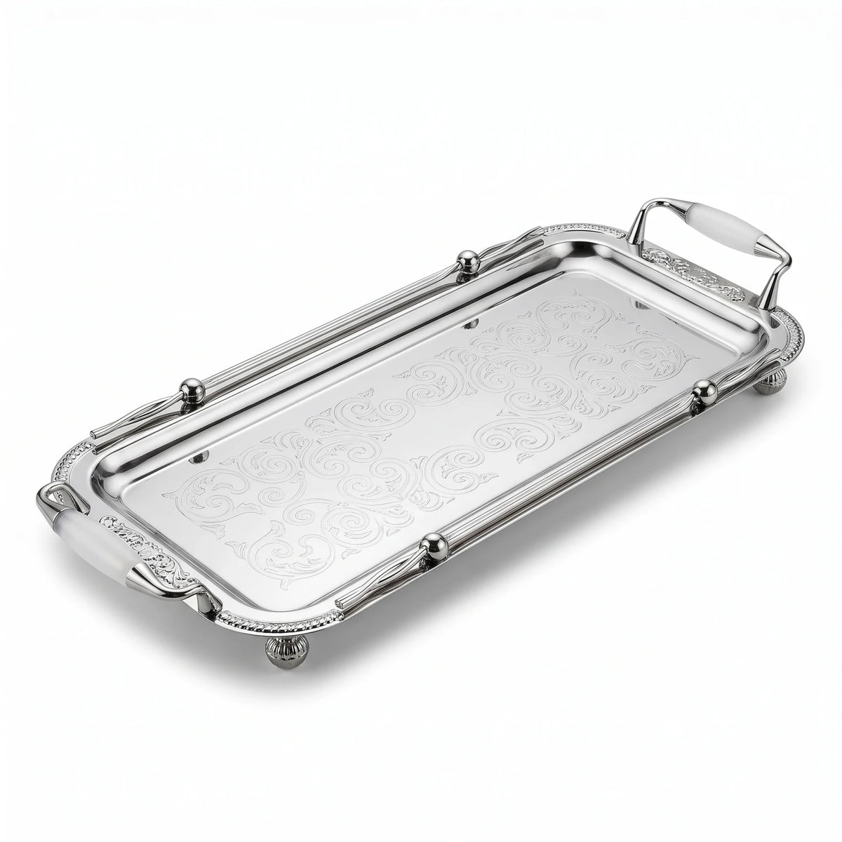 Ansa Luxury Rectangular Stainless Steel Serving Tray 61 x 19 x 5 cm – Engraved Pattern, Decorative Handles, Silver - White or Gold - White - Silver - White - Image 1
