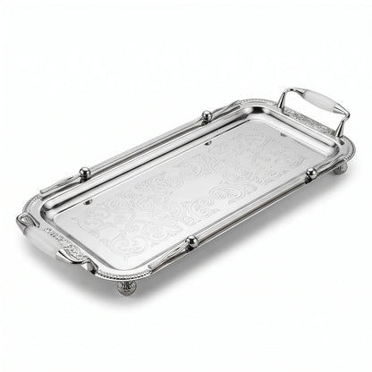 Ansa Luxury Rectangular Stainless Steel Serving Tray 61 x 19 x 5 cm – Engraved Pattern, Decorative Handles, Silver - White or Gold - White - Silver - White - Image 1