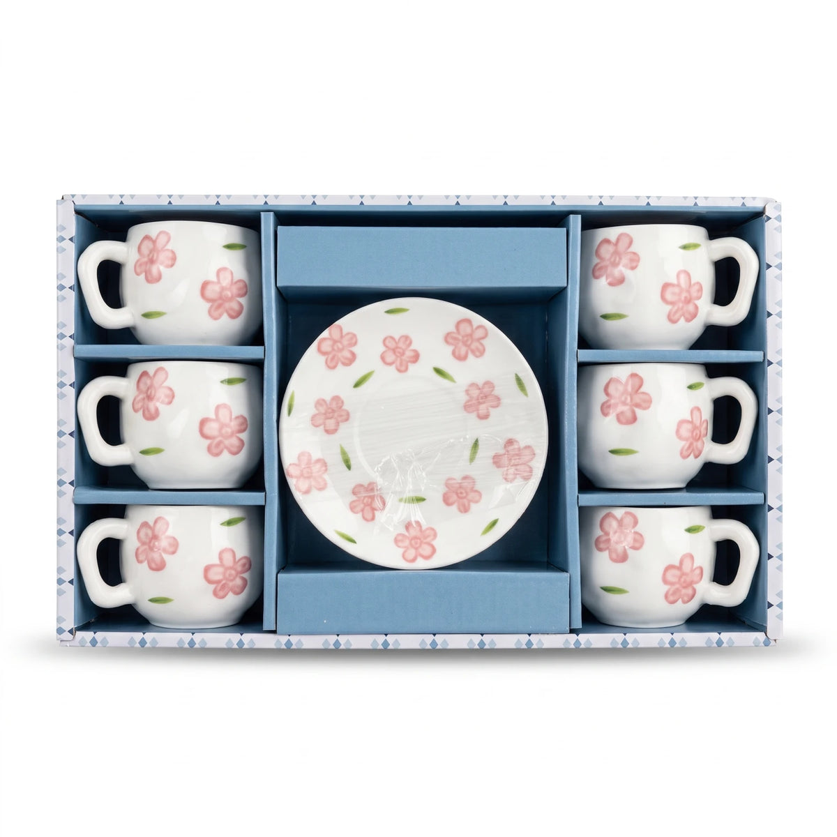 12-Piece Ceramic Coffee Cup and Saucer Set – 6 Cups and 6 Saucers | White Floral Design with Pink Flowers and Green Leaves