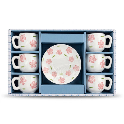 12-Piece Ceramic Coffee Cup and Saucer Set – 6 Cups and 6 Saucers | White Floral Design with Pink Flowers and Green Leaves