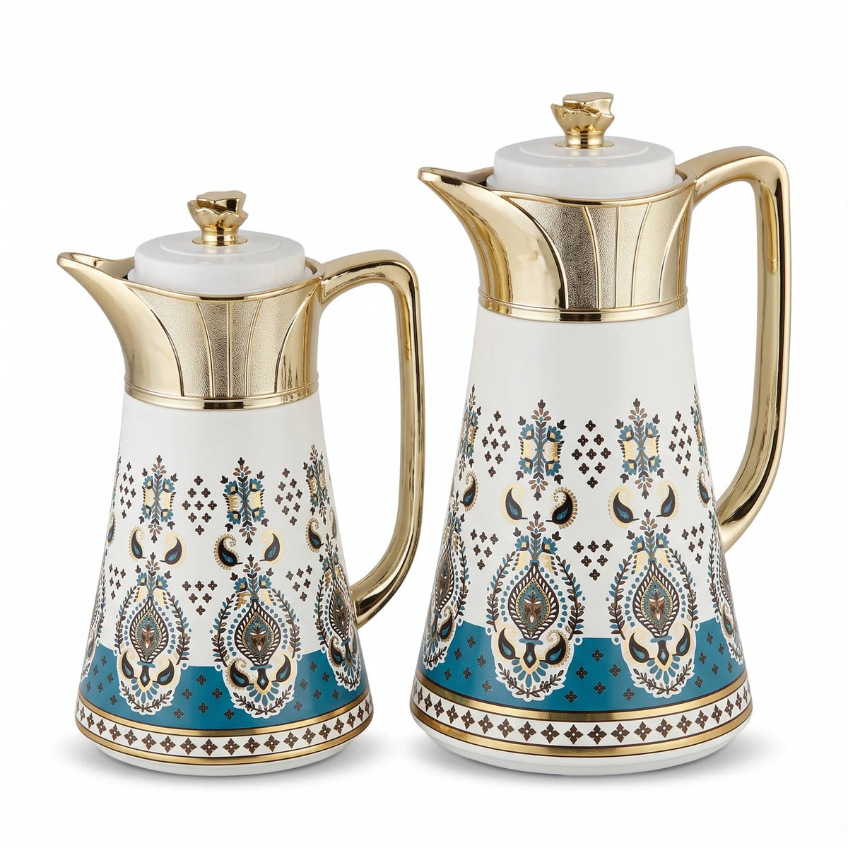 Regal 2 Piece White-Gold Arabic Ornate Blue Patterned Vacuum Jug Set – 0.5L + 1.0L | Tea & Coffee