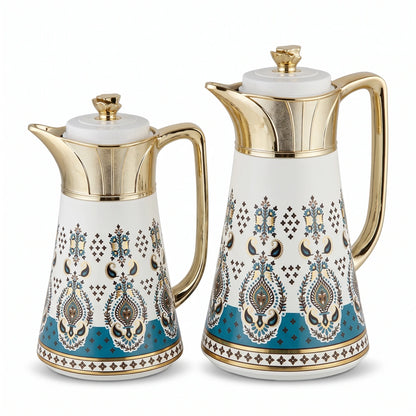 Regal 2 Piece White-Gold Arabic Ornate Blue Patterned Vacuum Jug Set – 0.5L + 1.0L | Tea & Coffee