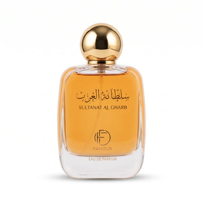 FAMOUR SULTANAT AL GHARB Eau de Parfum – 100 ML Amber-Colored Fragrance, Clear Glass Bottle, Gold-Colored Cap, Arabic and English Labeling