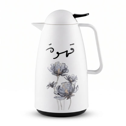 Crystal House vaccum flask – 1 Liter | Blue Floral Arabic Qahwa Calligraphy | Leak Proof Tea and Coffee Flask