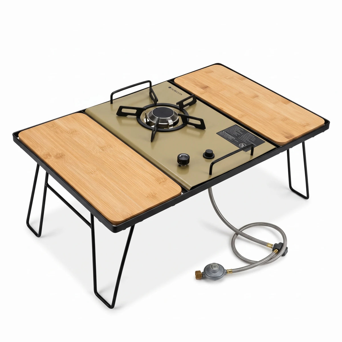 HORIZON 1 IGT STOVE + 1 IGT TABLE – Gas Cooktop Set with Multiple Burners, Black Grates, Control Knobs, Gas Connection and Wood-Grain Surface