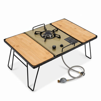 HORIZON 1 IGT STOVE + 1 IGT TABLE – Gas Cooktop Set with Multiple Burners, Black Grates, Control Knobs, Gas Connection and Wood-Grain Surface