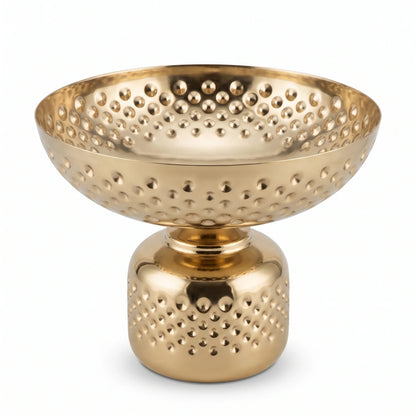 Gold-Toned Metal Decorative Bowl Large – 22 x 26 x 26 cm | Footed Design | Raised Decorative Pattern | Reflective Finish