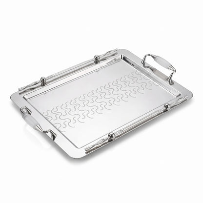 Ansa Luxury Metal Serving Tray – 47 x 32 x 14cm | Geometric Pattern, Raised Rim and Side Handles | Multiple Colour Options - Silver - White - Image 1