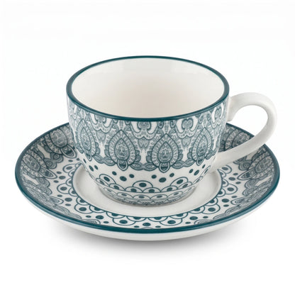Che Brucia 200 ML Porcelain Cup and Saucer Set – Blue or Green | Floral Paisley Pattern | Matching Handled Coffee and Tea Service - Green - Image 1