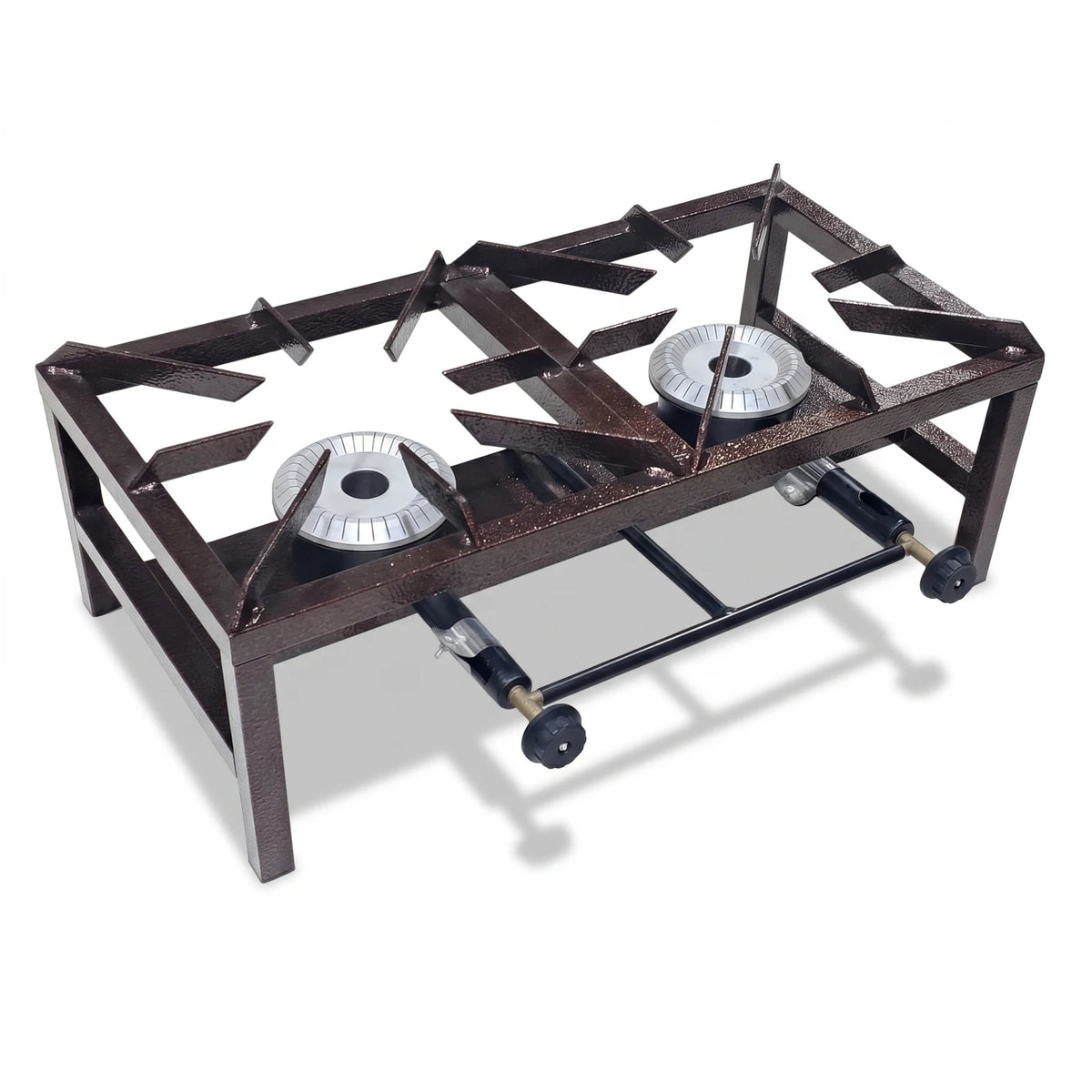 Heavy Duty Double Burner Gas Stove – Brown Hammer Iron Frame, Dual Manual Controls, Medium/Large Sizes, Freestanding Two-Burner Gas Cooker - Medium - Image 1