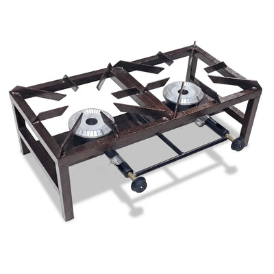 Heavy Duty Double Burner Gas Stove – Brown Hammer Iron Frame, Dual Manual Controls, Medium/Large Sizes, Freestanding Two-Burner Gas Cooker - Medium - Image 1