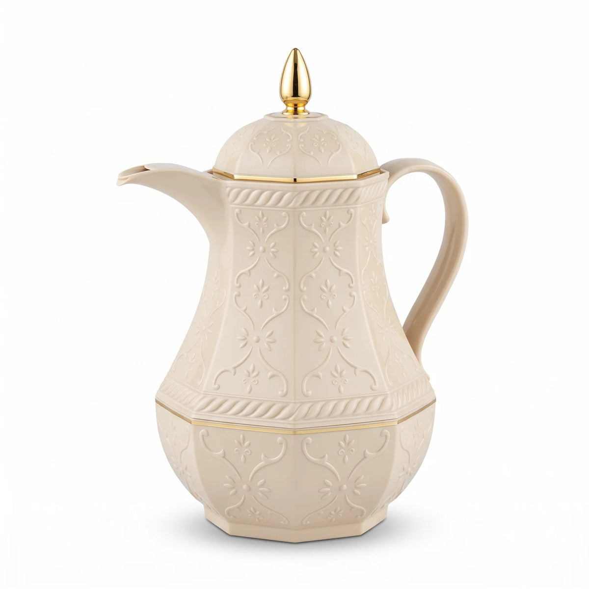 Rose Sand-beige Premium Vaccum Flask 0.6L | Ornate Floral Pattern | Plastic Body | Leak Proof Tea and Coffee Flask