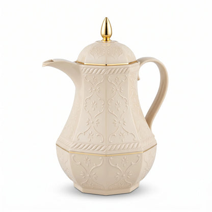 Rose Sand-beige Premium Vaccum Flask 0.6L | Ornate Floral Pattern | Plastic Body | Leak Proof Tea and Coffee Flask