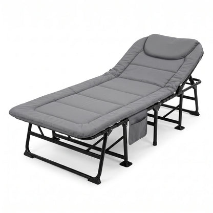 Jiham Foldable outdoor camping Bed – Grey 190cm Folding Cot | Adjustable Reclining Backrest, Metal Frame, Linen-weave or Plain Fabric - Plain - Image 1