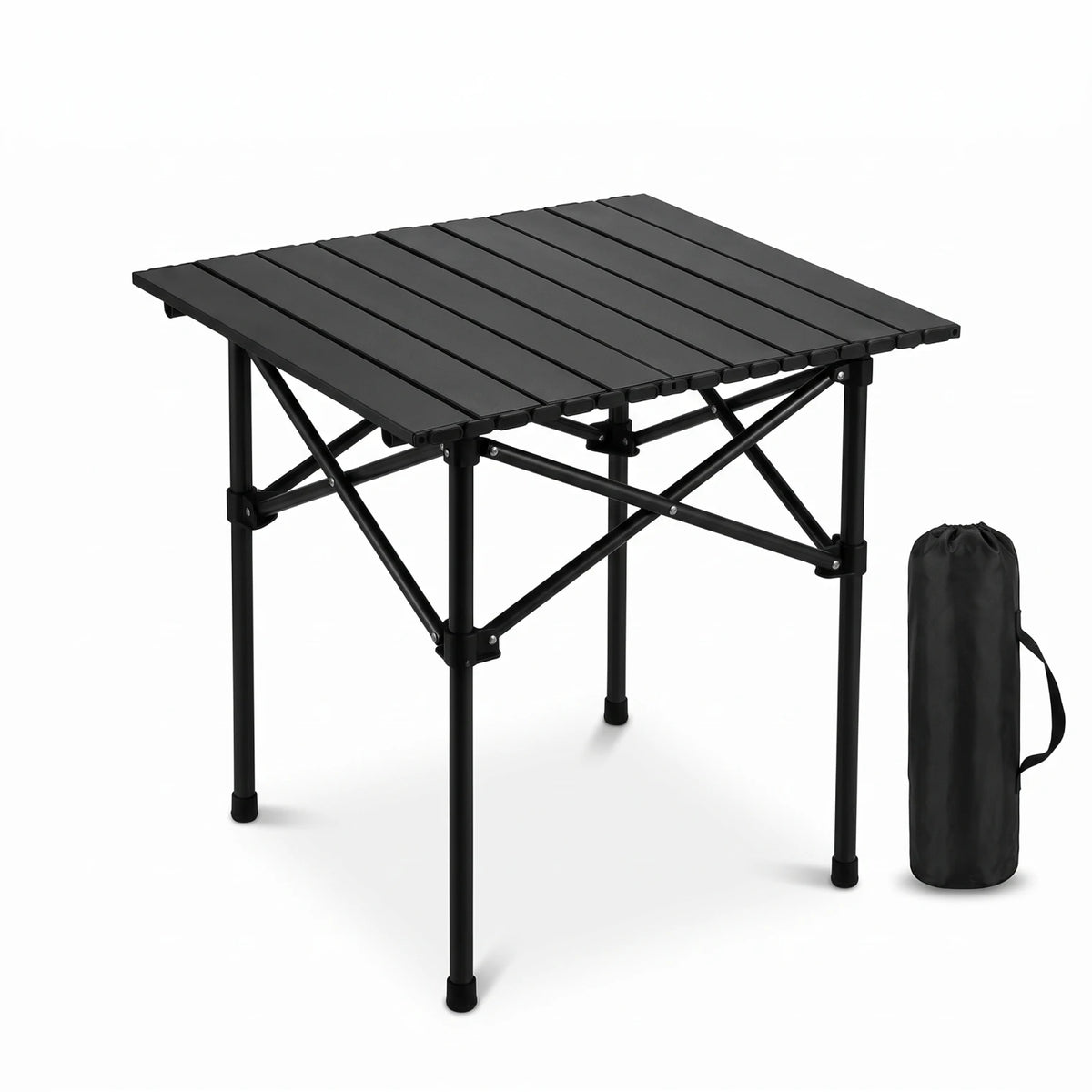 HU TOUR 53 Egg roll table black – Portable Folding Table | Slatted Top, Folding Legs, Support Braces & Rubber Feet | 53 × 50 × 49 cm