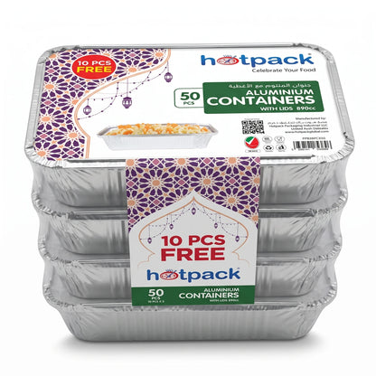 Hot pack Aluminum container with Lis, 890cc Pack of 50 Pieces | Food Grade Silver Containers with Lids for Hot Food