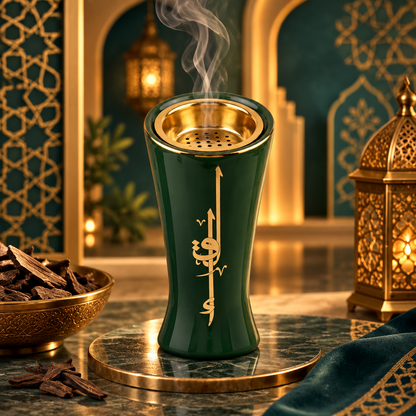 Otantik LIQA'A Incense Burner – Small 18 x 9 x 9 cm | Dark Green Glossy Finish | Gold-Toned Arabic Calligraphy | Perforated Inner Insert
