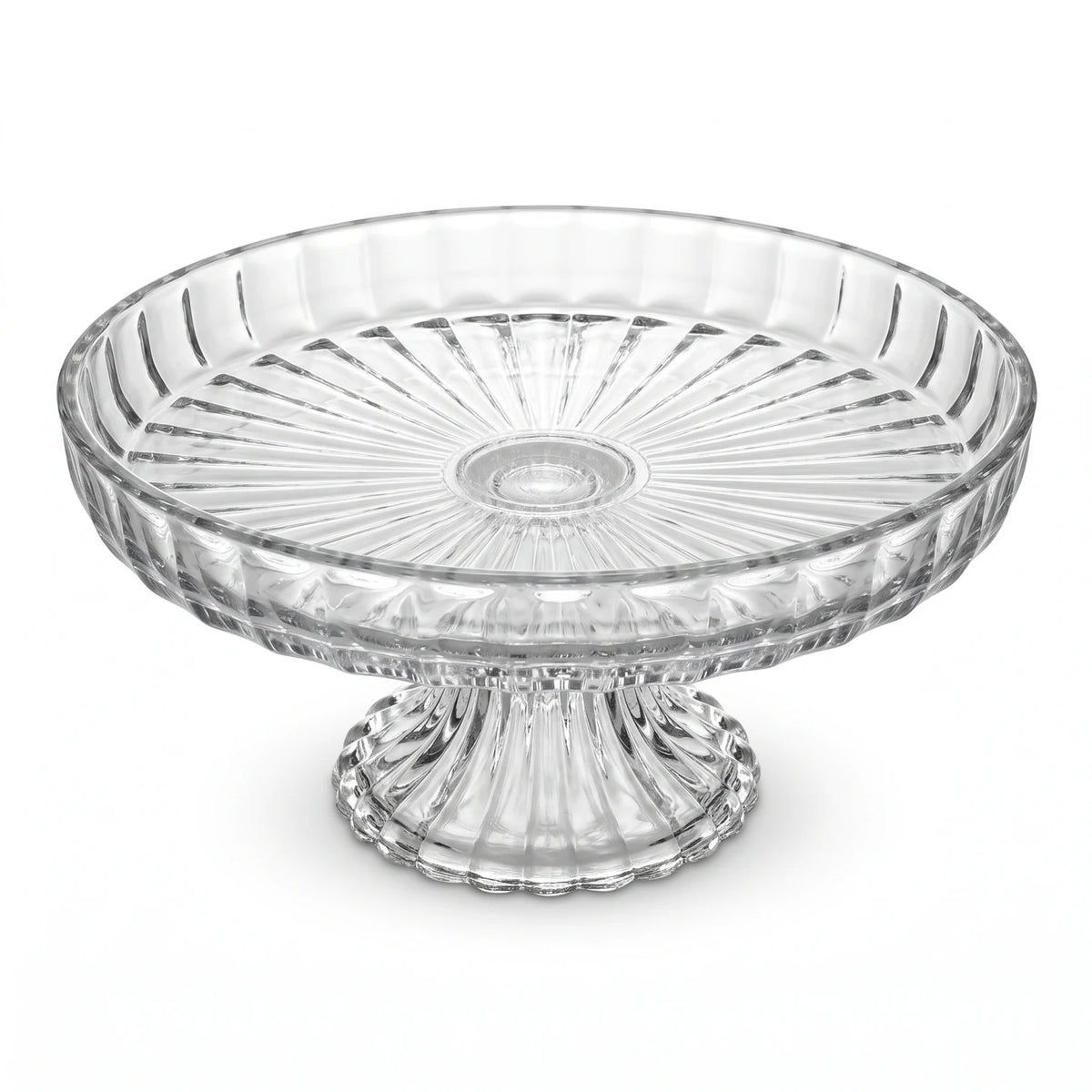 Round Glass Fruit Plate with Stand – 17 x 17 cm | Ribbed Radial Design | Clear Dessert, Fruit and Nut Serving Plate