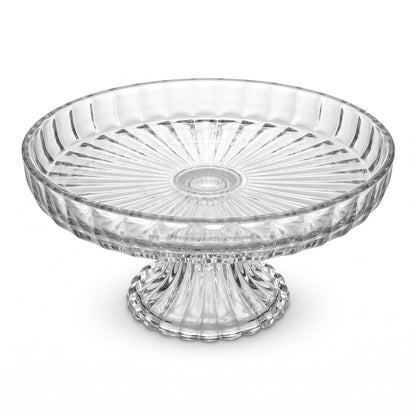 Round Glass Fruit Plate with Stand – 17 x 17 cm | Ribbed Radial Design | Clear Dessert, Fruit and Nut Serving Plate