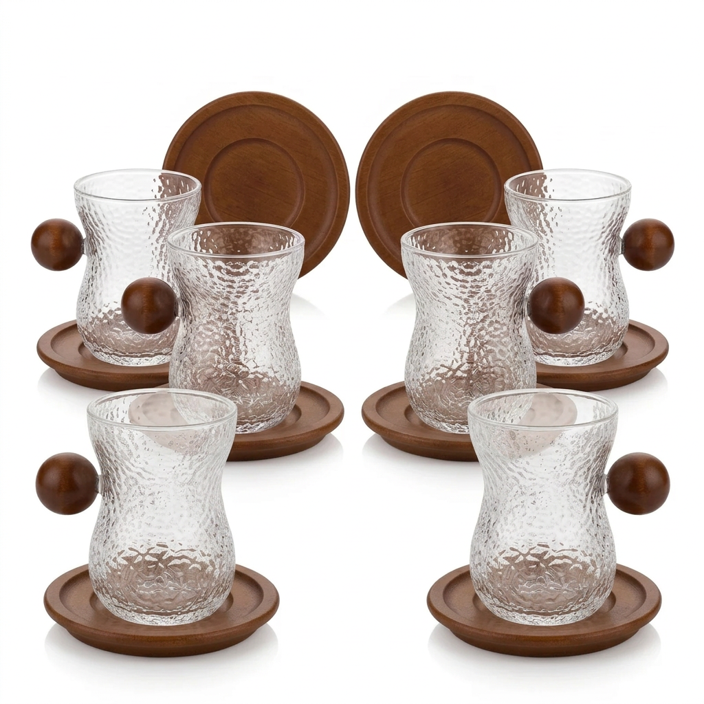 12-Piece Cups and Saucers Set – 6 Glass Tea Tasting Cups with Wooden Handles, Textured Surface and 6 Wooden Saucers