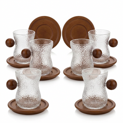 12-Piece Cups and Saucers Set – 6 Glass Tea Tasting Cups with Wooden Handles, Textured Surface and 6 Wooden Saucers