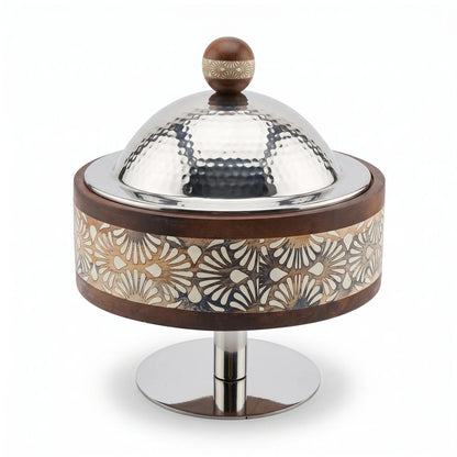 Dallah Addar Wooden and Steel Serving Pot with Stand – 26cm Height, 22cm Width, Ornate Lidded Design for Serving and Display
