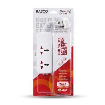 Rasco High Quality Extension Socket RAS-EX757 2-Way, 5 Meter White Cable | Universal Safety Shutters, Neon Indicator, 13A Fused Plug