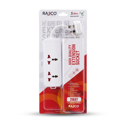Rasco High Quality Extension Socket RAS-EX757 2-Way, 5 Meter White Cable | Universal Safety Shutters, Neon Indicator, 13A Fused Plug