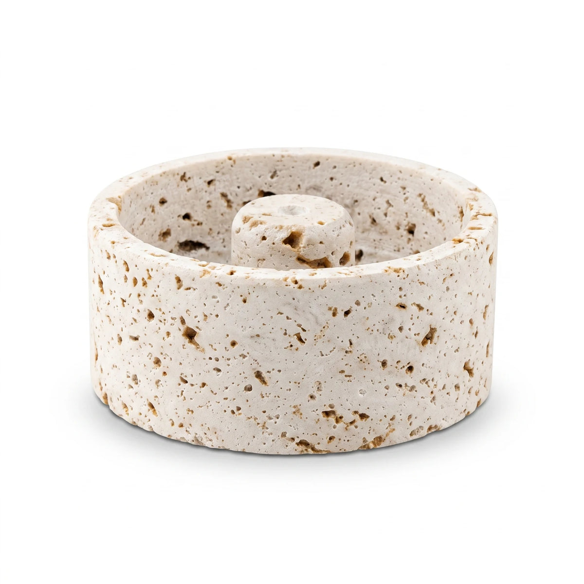 Natural travertine stone candle holder – 5 x 10 x 10 cm | Circular design | Porous stone surface | Home décor