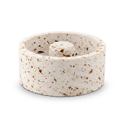 Natural travertine stone candle holder – 5 x 10 x 10 cm | Circular design | Porous stone surface | Home décor