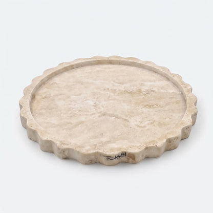 Round Travertine Stone Scalloped Tray – 22 x 22 x 2 cm | Raised Rim | Textured Beige Finish | Decorative Serving Platter