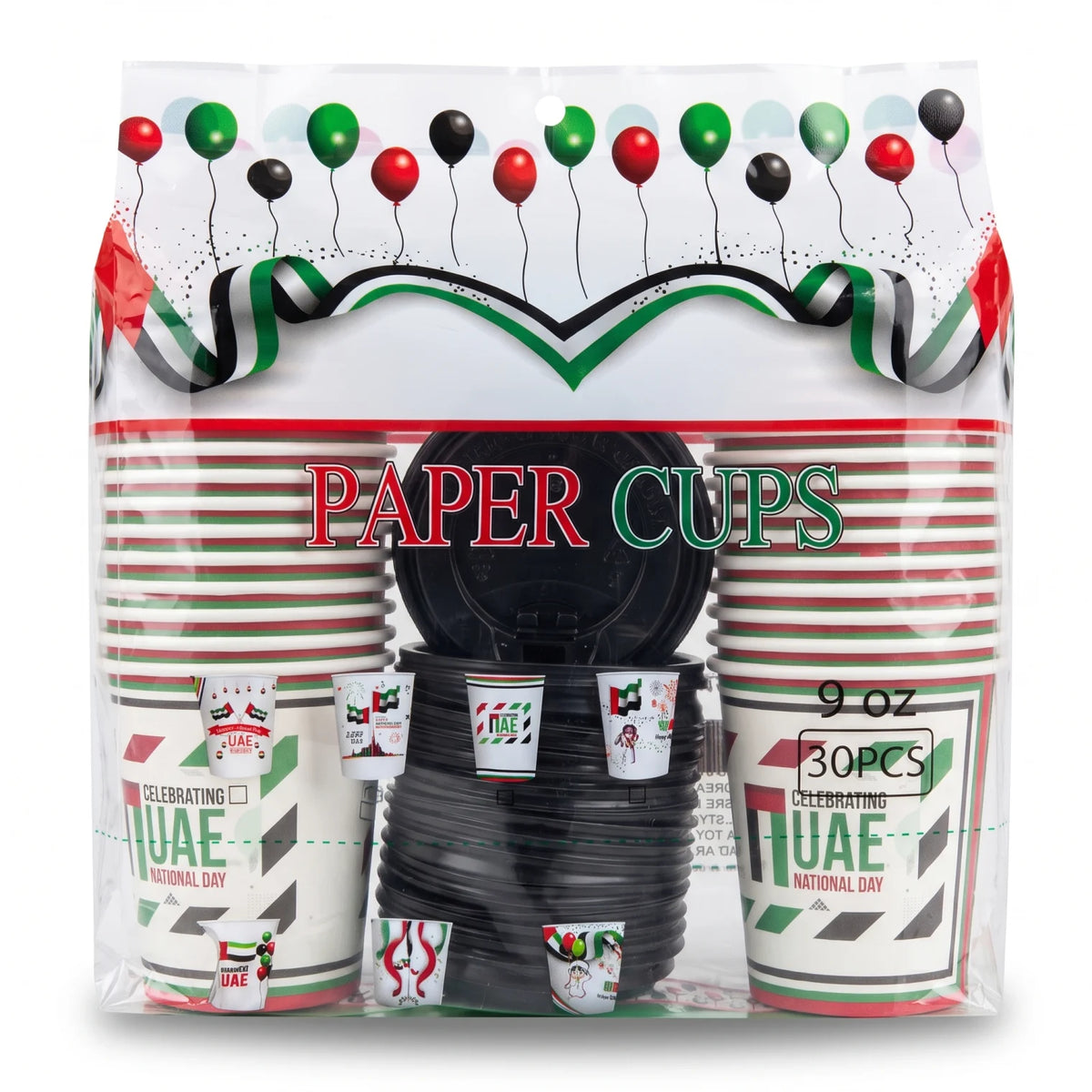 30-Piece 9 oz Paper Cups with Lids – UAE National Day Design | Balloon Graphics | Red, Green, Black & White Celebration Drink Cups