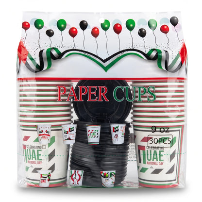 30-Piece 9 oz Paper Cups with Lids – UAE National Day Design | Balloon Graphics | Red, Green, Black & White Celebration Drink Cups