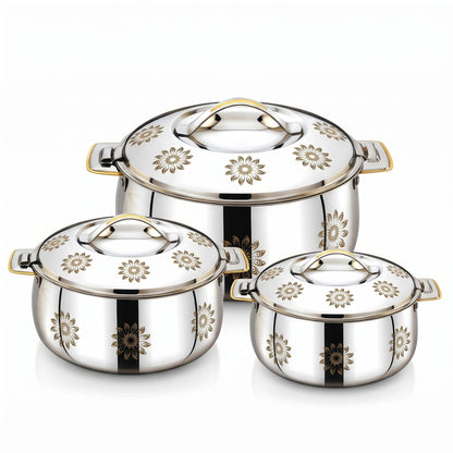 Avias 3 Pieces Hot Pot Set – 5L, 7.5L & 10L Stainless Steel Food Servers | Lidded Serving Pots with Handles, Decorative Floral Pattern