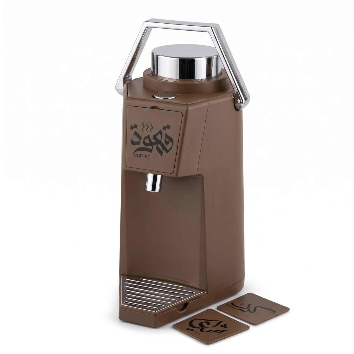 MAHRA 1.9 Liter Vacuum Flask – Leak-Proof Hot & Cold Beverage Jug with Handle, Push Dispensing and Interchangeable Tea, Coffee & Karak Signs - Brown - Image 1
