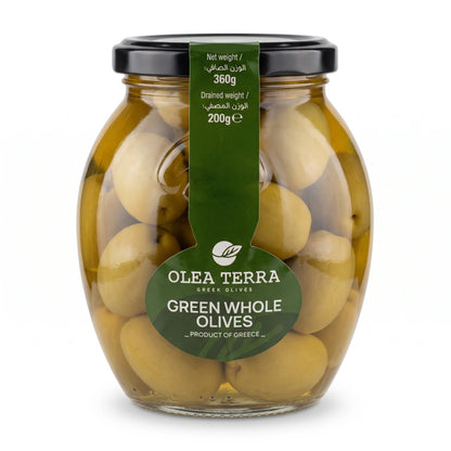 Olea terra Green Whole Olives – 360g Jar | Greek Olives | Whole Preserved Olives