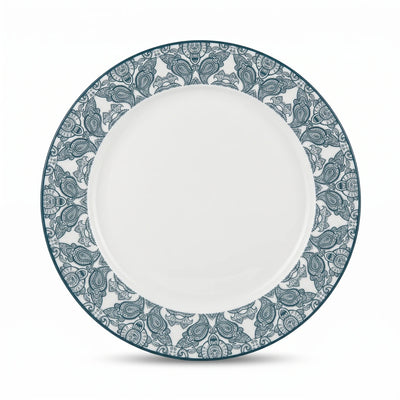 Che Brucia 30 CM Large Round Porcelain Flat Plate – White with Dark Teal Paisley Rim for Decorative Dining and Table Settings