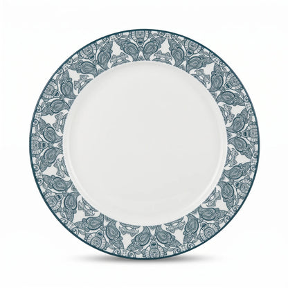 Che Brucia 30 CM Large Round Porcelain Flat Plate – White with Dark Teal Paisley Rim for Decorative Dining and Table Settings