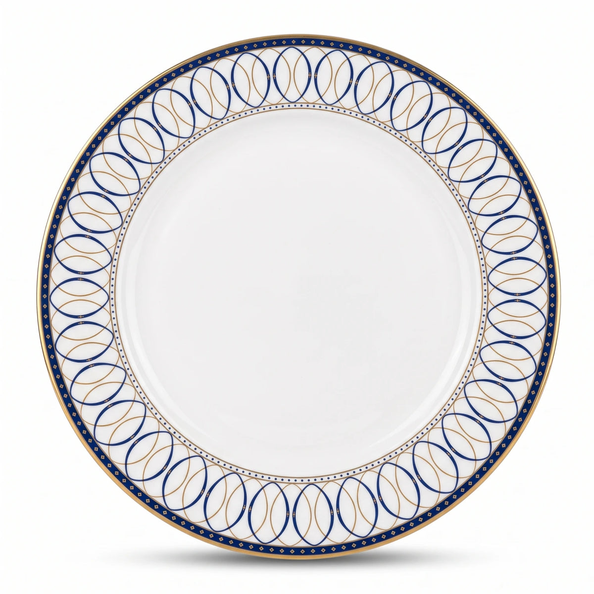 QUALITIER Premium Fine Porcelain Flat Plate 27 CM – White Tableware with Blue and Gold Decorative Rim for Dining and Serving