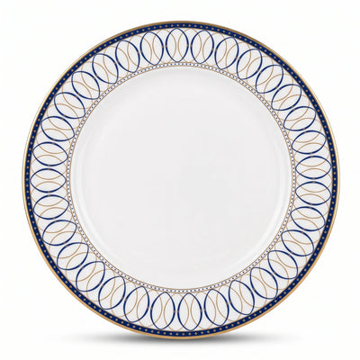 QUALITIER Premium Fine Porcelain Flat Plate 27 CM – White Tableware with Blue and Gold Decorative Rim for Dining and Serving