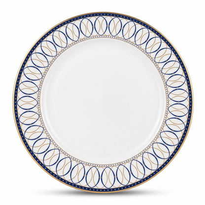 QUALITIER Premium Fine Porcelain Flat Plate 27 CM – White Tableware with Blue and Gold Decorative Rim for Dining and Serving